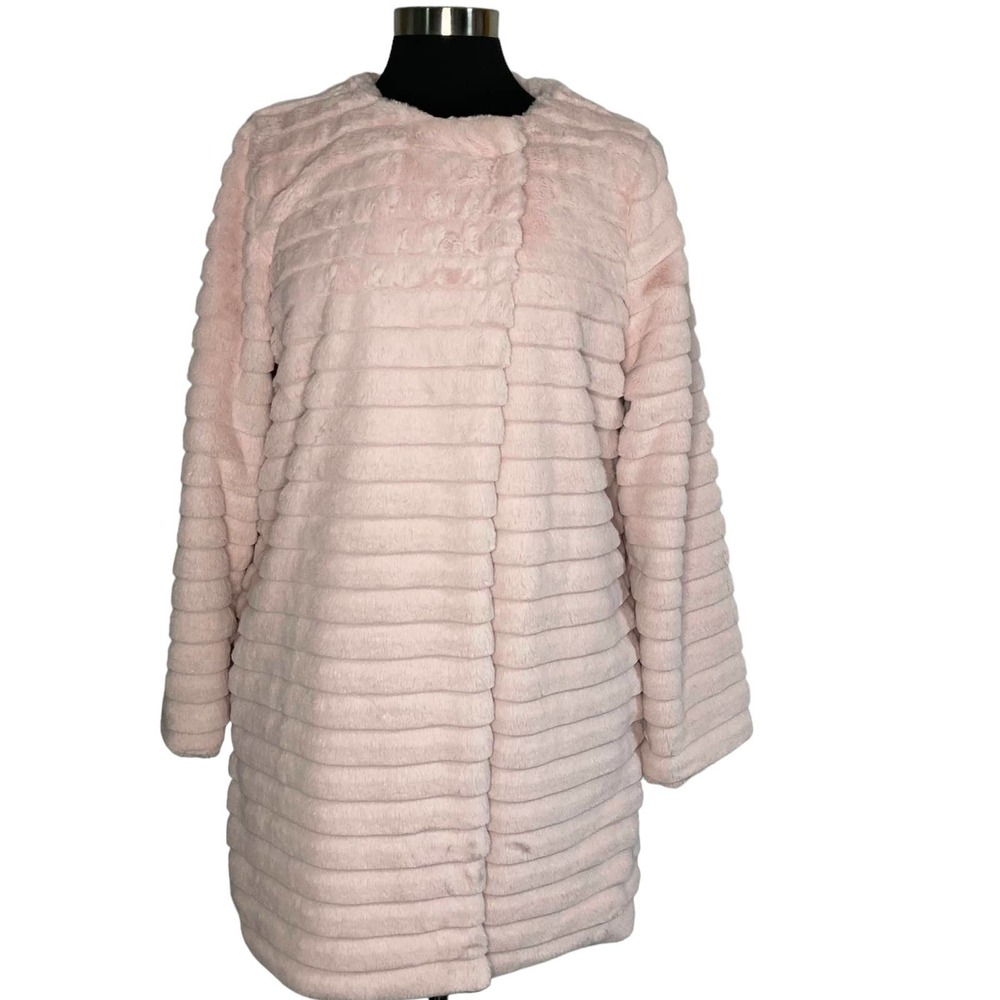 Joh Light Pink Ribbed Faux Fur Coat Size Large Open Front